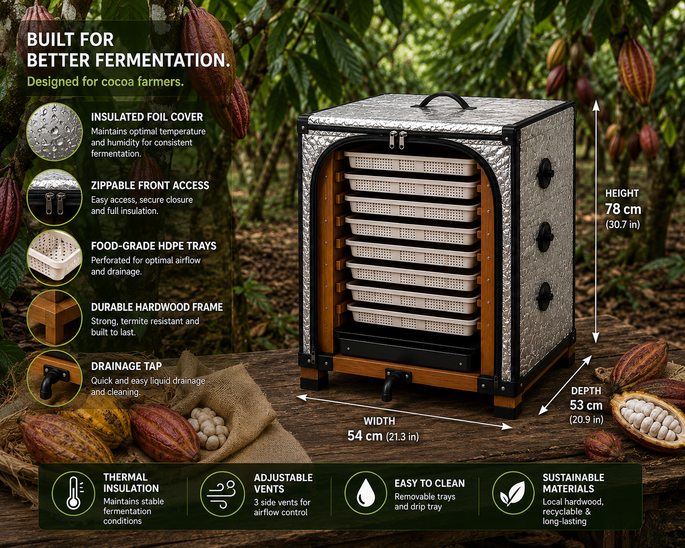 CocoaRack™ 8 – Professional Cocoa Fermentation Rack (160–200kg Capacity)