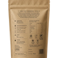 Back of a brown packaging with text and icons on a black background