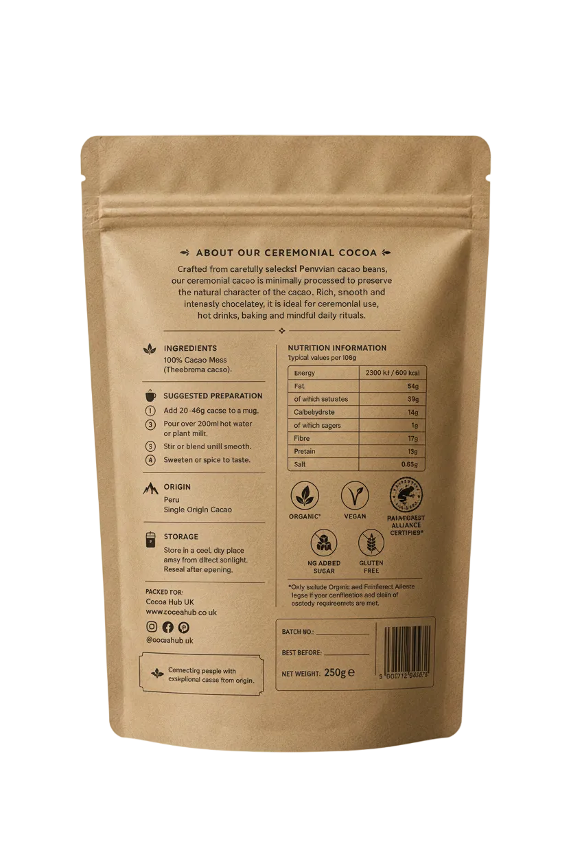 Back of a brown packaging with text and icons on a black background